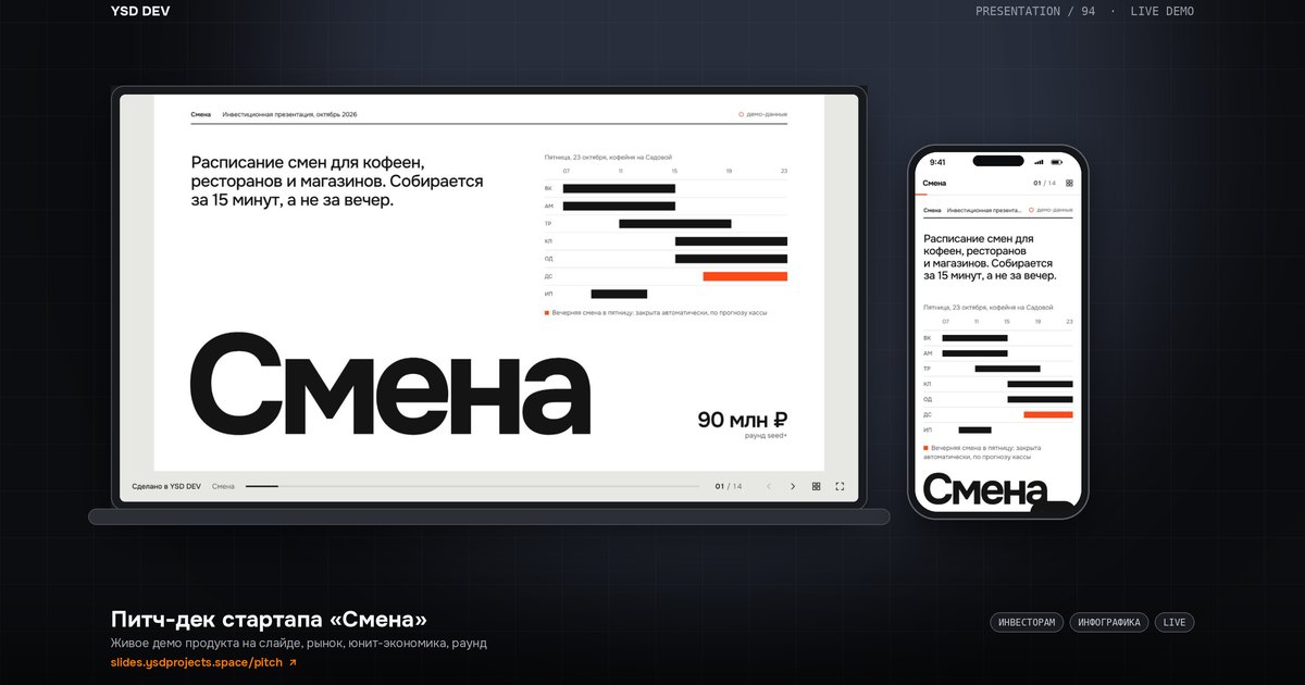 Смена — Питч-дек SaaS, живое демо